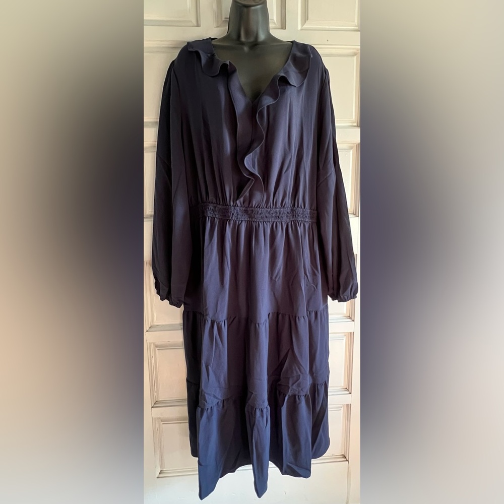 Long Sleeve Navy Ruffle V-Neck Tiered Dress